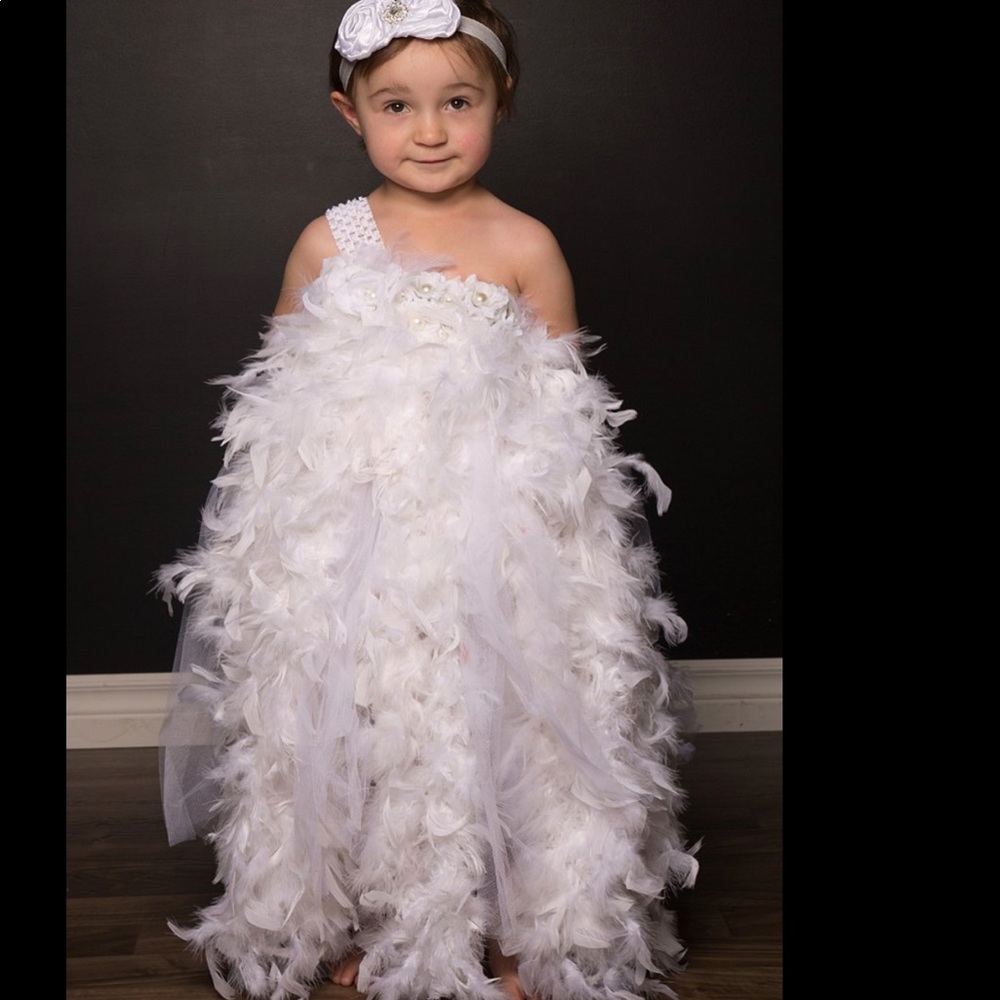 Winter White Feather Asymmetrical Dress (size 2T-4T)